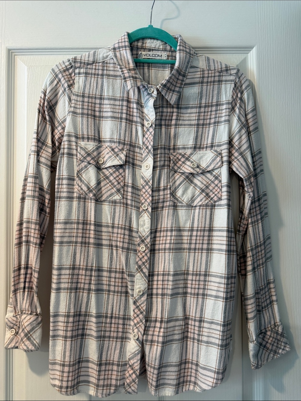 Volcom Women’s Cream and Pink Plaid Button-Down Shirt